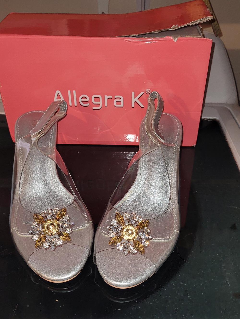 Allegra K Women's Silver Slingback Sandals with Gold Crystal Accent